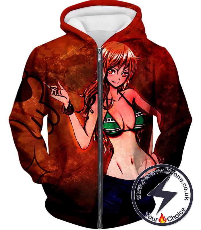 One Piece Super Hot Orange Haired Pirate Thief Nami Fan Art Zip Up Hoodie